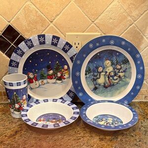 2 sets of holiday snowman melamine dishes